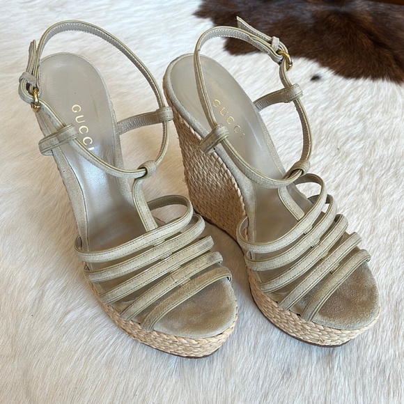 Gucci Beige Suede Caged Espadrille Wedge Sandals Sz 35.5 - Picture 3 of 12